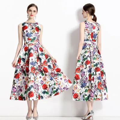 BRITISH STYLE LARGE FLOWER SLEEVELESS DRESS